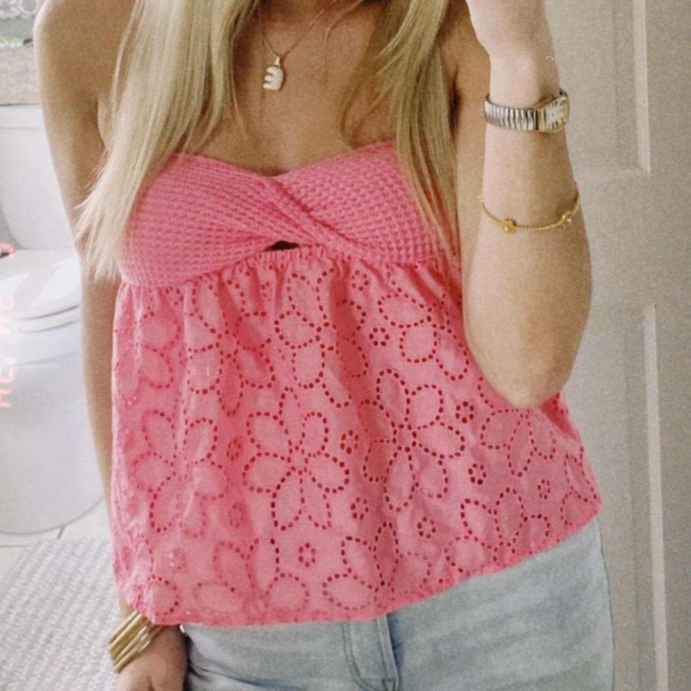 SHEIN Pink Smocked Tie Front Sleeveless Blouse